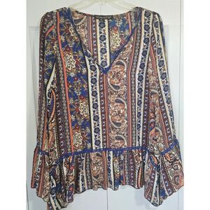 Living Doll XL Multi Color Paisley Floral Boho Bell Sleeve Rayon Blouse Top